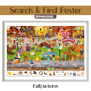 May include: A framed poster titled "Search & Find Poster" with a fall/autumn theme. The colourful illustration shows a marketplace scene with people, animals, and objects. The poster includes the word "Download" and the text "fall/autumn".