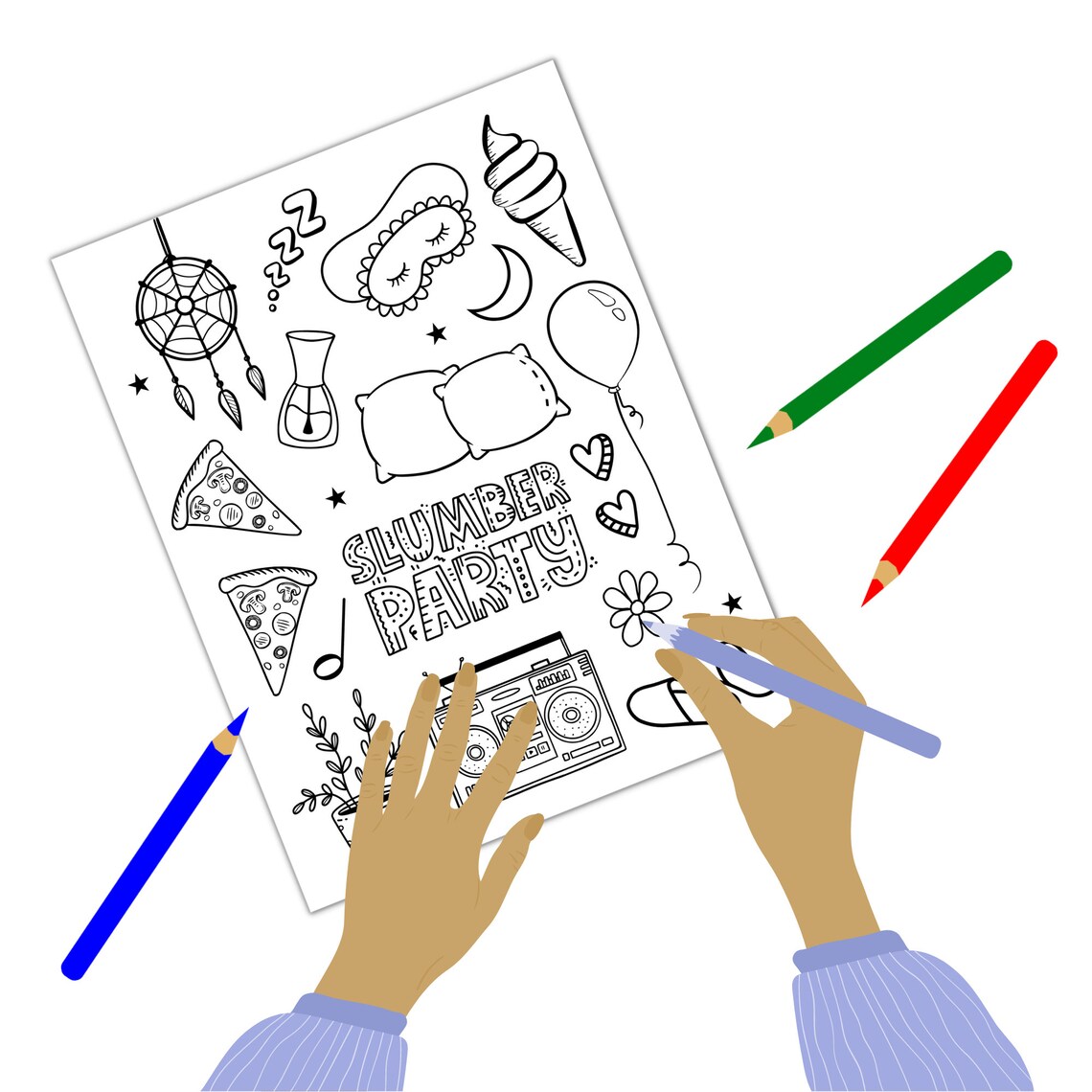 Printable Sleepover Coloring Page, Slumber Party Coloring Page for