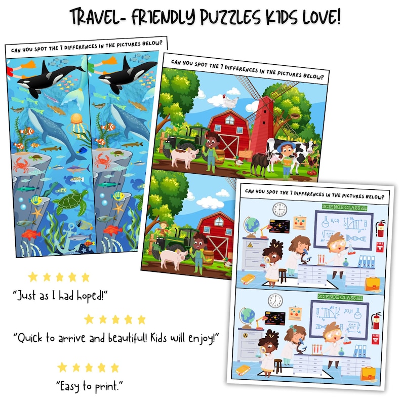 May include: Three colorful children's puzzles with the text "Travel-Friendly Puzzles Kids Love!". Each puzzle features a "Spot the Differences" game with illustrations of an ocean scene, a farm, and a science classroom. Customer reviews are also included.