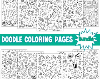 May include: A set of 10 black and white doodle coloring pages featuring various themes, including tools, sports, dinosaurs, space, travel, and more. Each page is filled with intricate details and fun designs, perfect for kids and adults who enjoy coloring.
