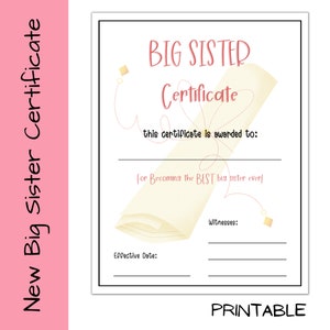 Afdrukbaar Big Sister-certificaat, gepromoveerd tot Big Sister, direct downloaden