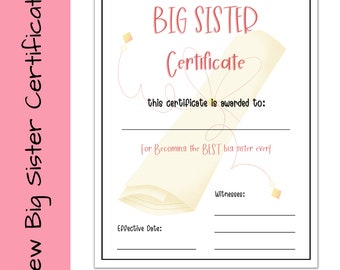 Printable Big Sister Certificate, Promoted To Big Sister Instant Download