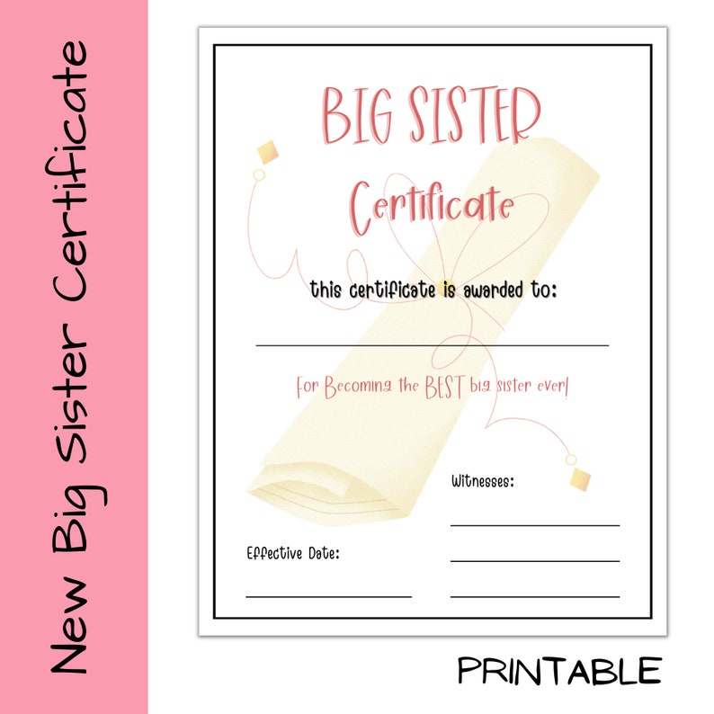Printable Big Sister Certificate, Promoted to Big Sister Instant ...