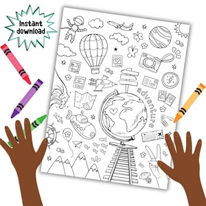 May include: A black and white coloring page featuring a globe, a hot air balloon, a submarine, a plane, a camera, a compass, a key, a train track, mountains, and the word "adventure".