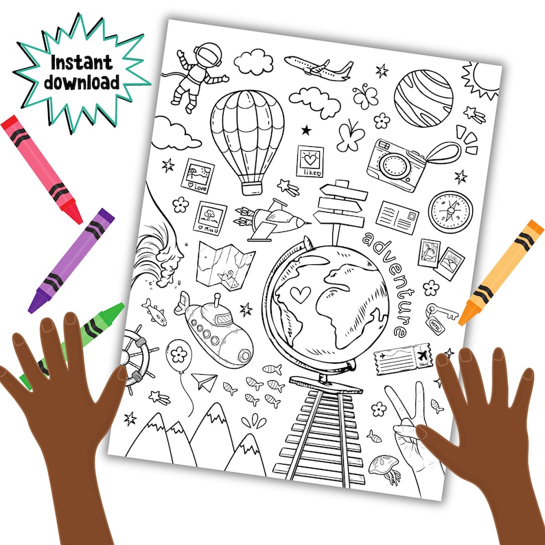 May include: A black and white coloring page featuring a globe, a hot air balloon, a submarine, a plane, a camera, a compass, a key, a train track, mountains, and the word "adventure".