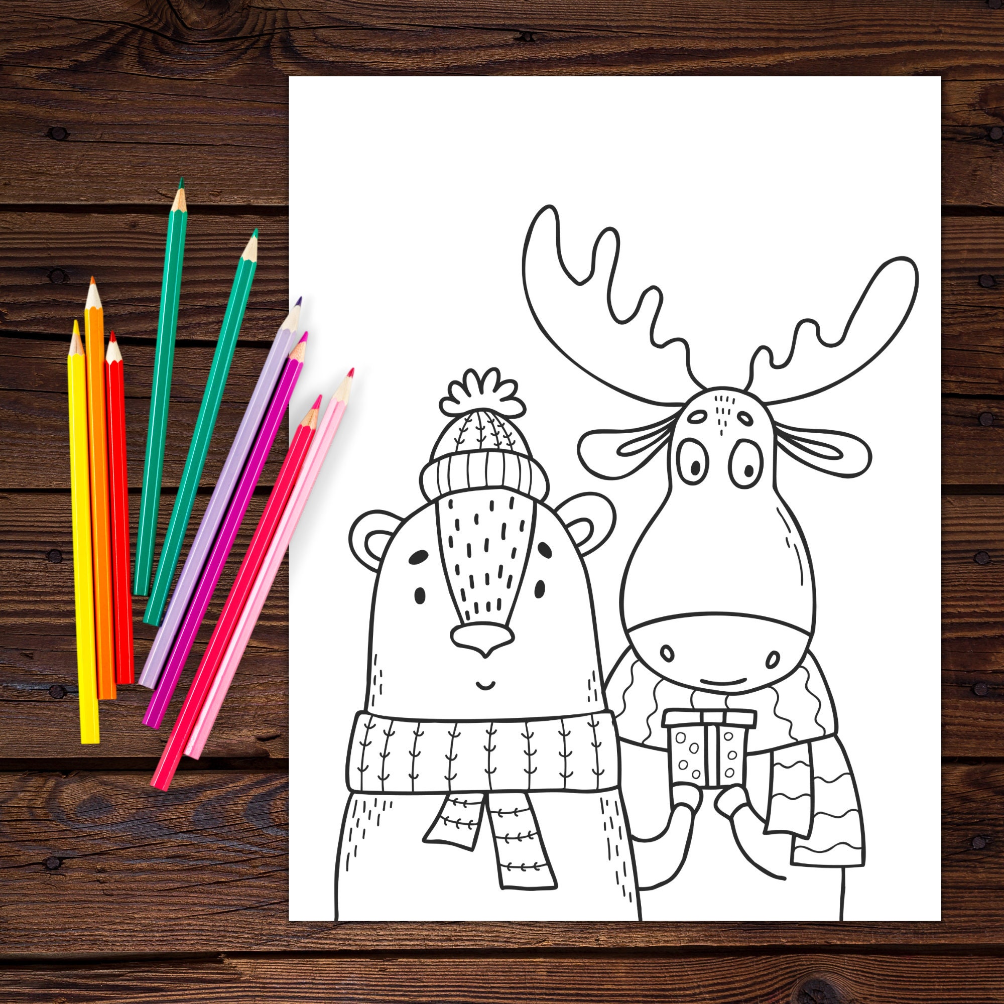 Printable Winter Coloring Page, Cute Winter Animals Coloring Sheet for