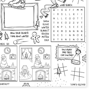 May include: Black and white winter-themed activity sheet with a word search, drawing prompt, and other puzzles. Includes images of ice skates, a snowman, a fireplace, and the text "Draw your favorite thing about winter!"