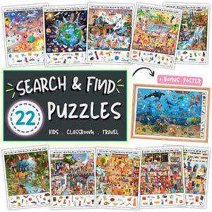 Search & Find Printable Puzzles, Hidden Pictures, I Spy Games For Kids, Classroom, Travel, Party, Rainy Day, 22 Puzzles + Bonus Poster