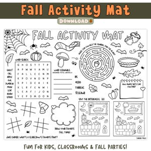 Może przedstawiać: Czarno-biała mata aktywności jesiennej z napisem "Fall Activity Mat" i "Download". Zawiera wyszukiwanie słów, labirynt, rozsypankę wyrazową, znajdowanie różnic i zajęcia rysunkowe. Zabawa dla dzieci i jesiennych przyjęć.