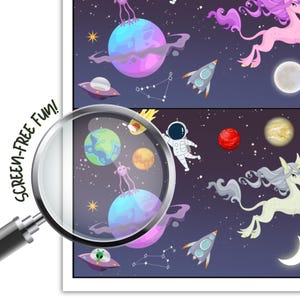 May include: A colorful illustration featuring planets, rockets, aliens, and a unicorn against a dark blue space background. The image includes the text "SCREEN-FREE Fun!" and is viewed through a magnifying glass.