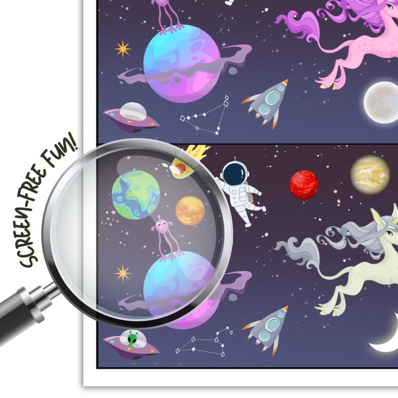 May include: A colorful illustration featuring planets, rockets, aliens, and a unicorn against a dark blue space background. The image includes the text "SCREEN-FREE Fun!" and is viewed through a magnifying glass.