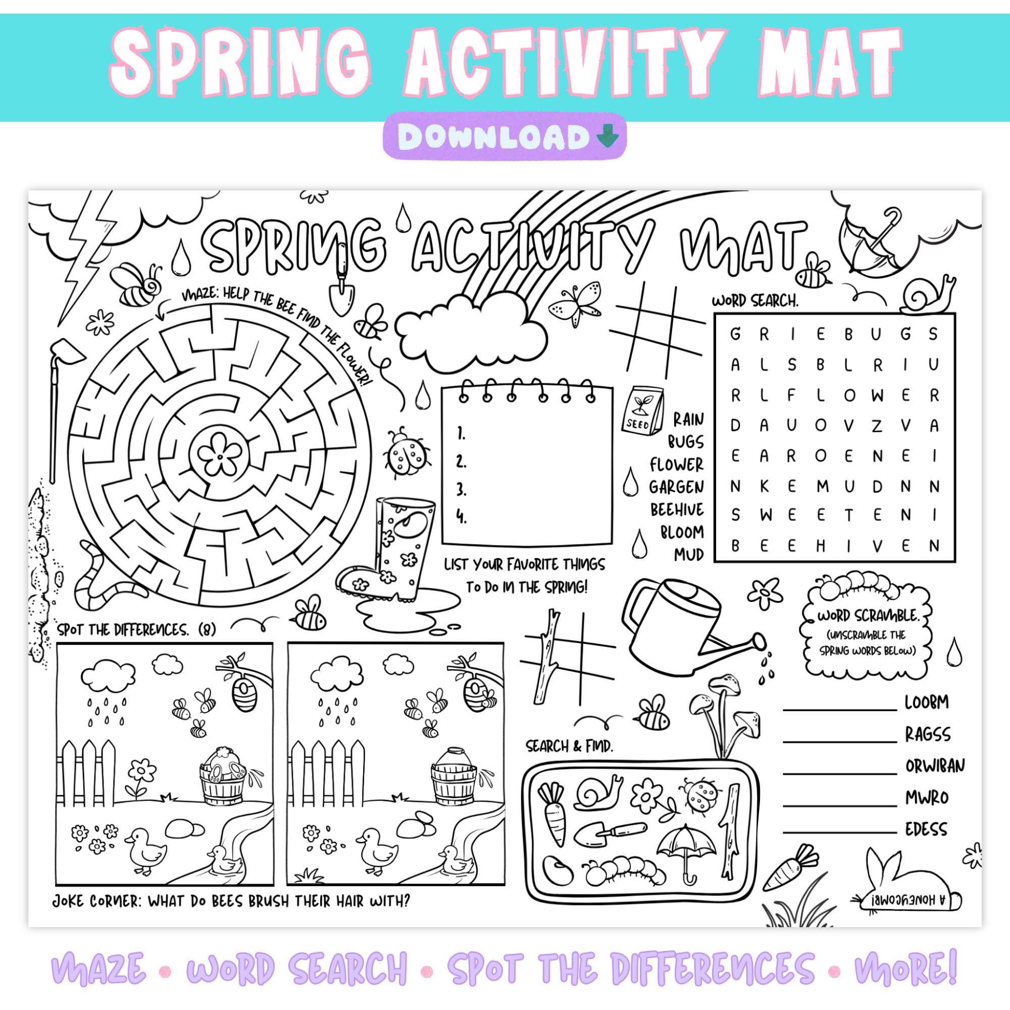 Spring Activity Mat Spring Activity Mat Printable for Kids, Classroom Placemat, Maze, Word ...