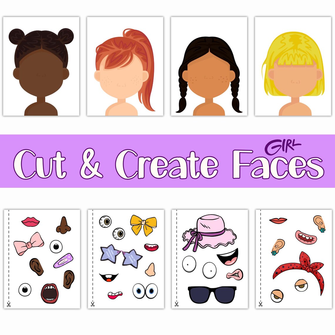 Printable Girl Faces Craft, Cut and Paste DIY Activity With Face Parts ...
