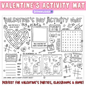 May include: Valentine's Day activity mat with a maze, word search, and drawing prompts. Features a heart-shaped maze, word scramble, and spot-the-difference game. Includes the text "Be My Valentine?" and "Dream Big."