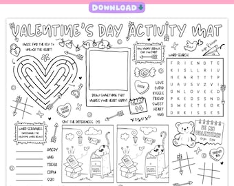 Valentine’s Day Activity Placemat For Kids, Printable Valentine Maze, Word Search, Word Scramble & Spot The Difference, Screen-Free Fun