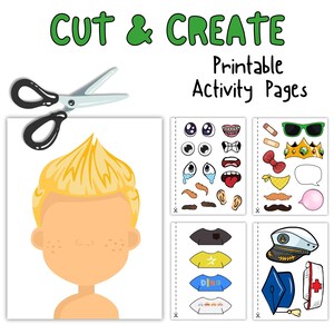 May include: Printable activity pages for kids featuring a boy's face with blank features. Cut out the different facial features, clothing, and accessories and create different looks for the boy.