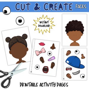 May include: A printable activity set with the text "Cut & Create Faces" and "Instant Download." The set includes illustrated faces, facial features, and a blue baseball cap. A pair of scissors is also included.