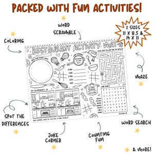 May include: Black and white restaurant activity mat with various games, including a maze, word search, and coloring section. The mat features the text "Restaurant Activity Mat" and is available in two sizes: 11 x 8.5 inches and 14 x 11 inches.