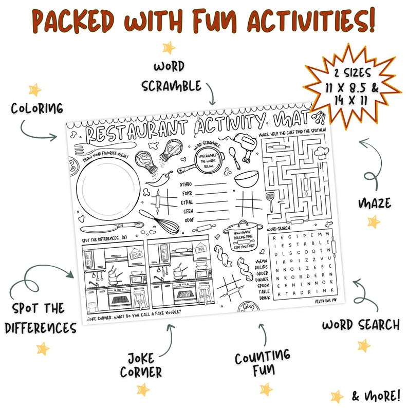 May include: Black and white restaurant activity mat with various games, including a maze, word search, and coloring section. The mat features the text "Restaurant Activity Mat" and is available in two sizes: 11 x 8.5 inches and 14 x 11 inches.