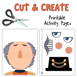 May include: Printable cut and create activity pages for kids.  The pages feature a cartoon character with a mustache, eyes, and a hat.  The text "Cut & Create" and "Printable Activity Pages" is included on the page.