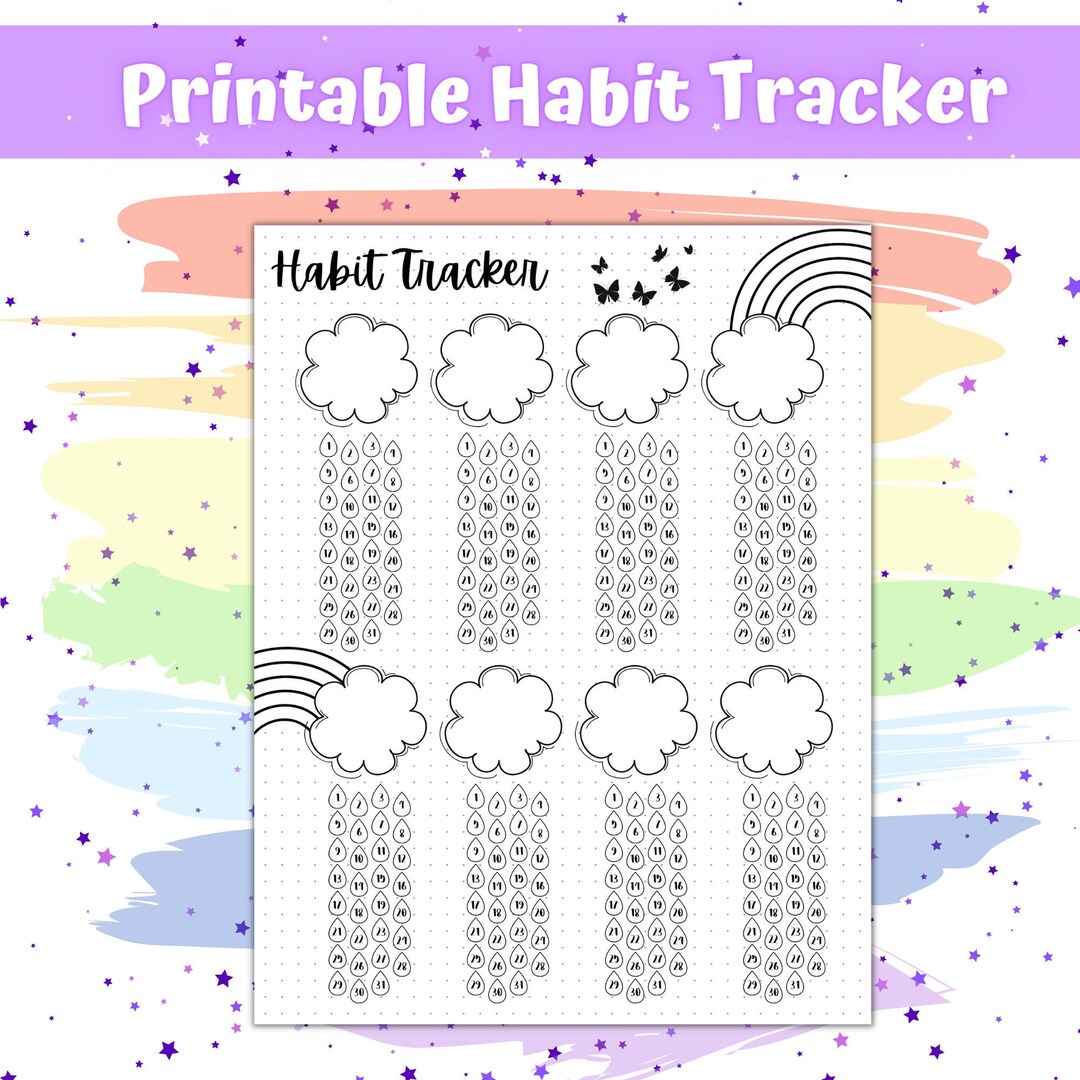 Printable Bullet Journal Habit Tracker, Rainbow Theme Monthly Goal