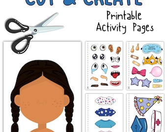 女の子の顔のプリントクラフトキット、子供向けのDIYカット＆フェイスパーツとアクセサリーの作成、楽しいアート＆クラフト、すぐにダウンロードできます