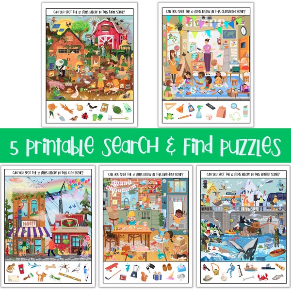 Printable Suchen & Finden, 5 Suchen und Finden Puzzle-Spiele für Kinder, Ich spioniere Spiele