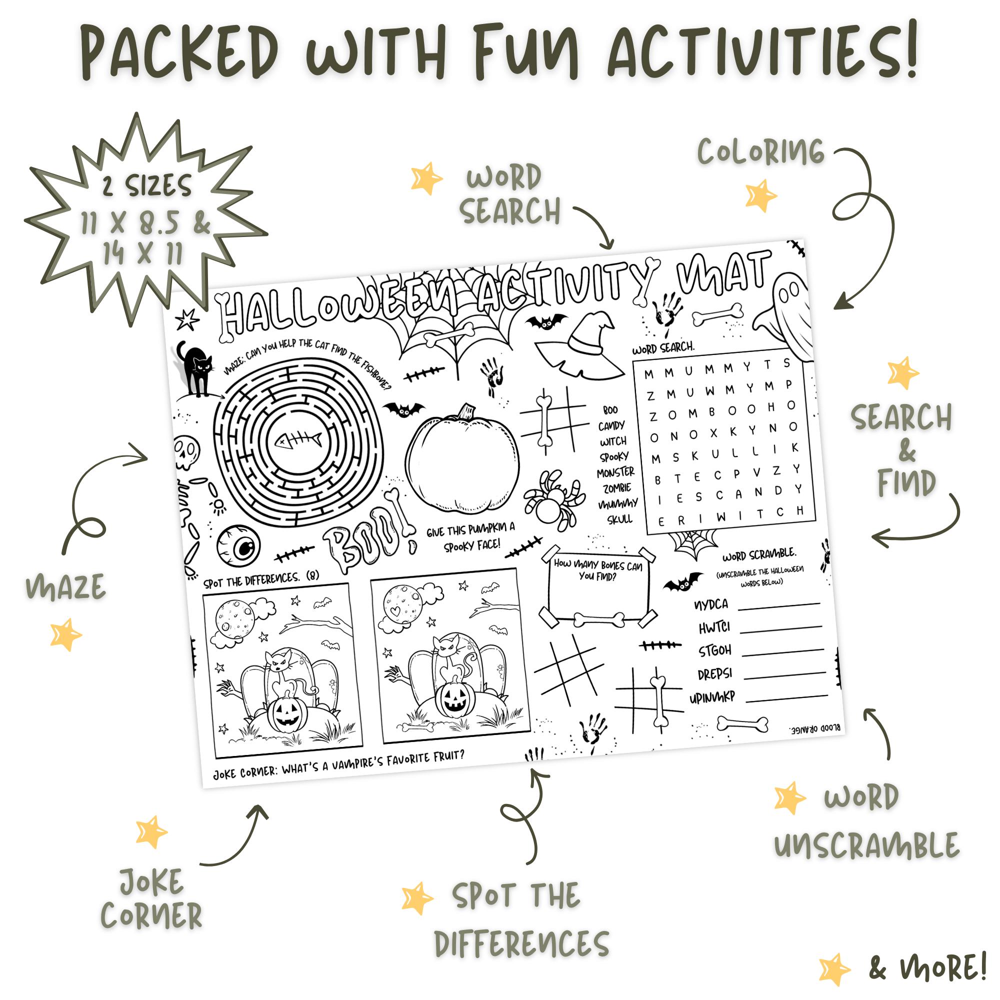 Halloween Activity Placemat Printable PDF for Kids, Fun Halloween Games ...