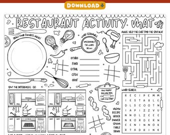 Mantel individual con actividades de restaurante para niños, laberinto de comida imprimible, sopa de letras, sopa de letras, busca las diferencias y tapete para colorear, descarga instantánea