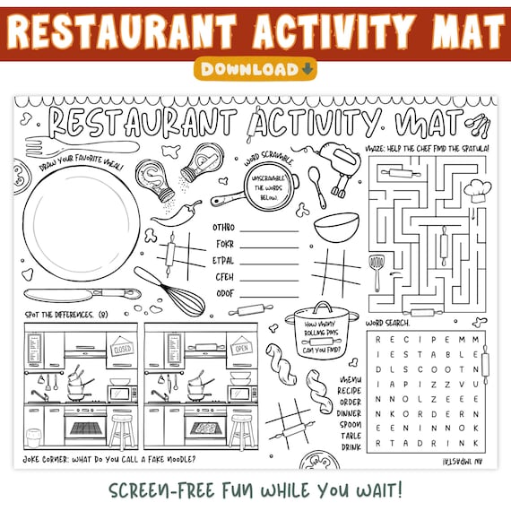 Restaurant Activity Placemat For Kids, Printable Food Maze, Word Search, Word Scramble, Spot The Difference & Coloring Mat, Instant Download