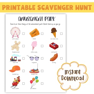 Printable Amusement Park Scavenger Hunt, Kids Treasure Hunt, Print At Home Games For Kids