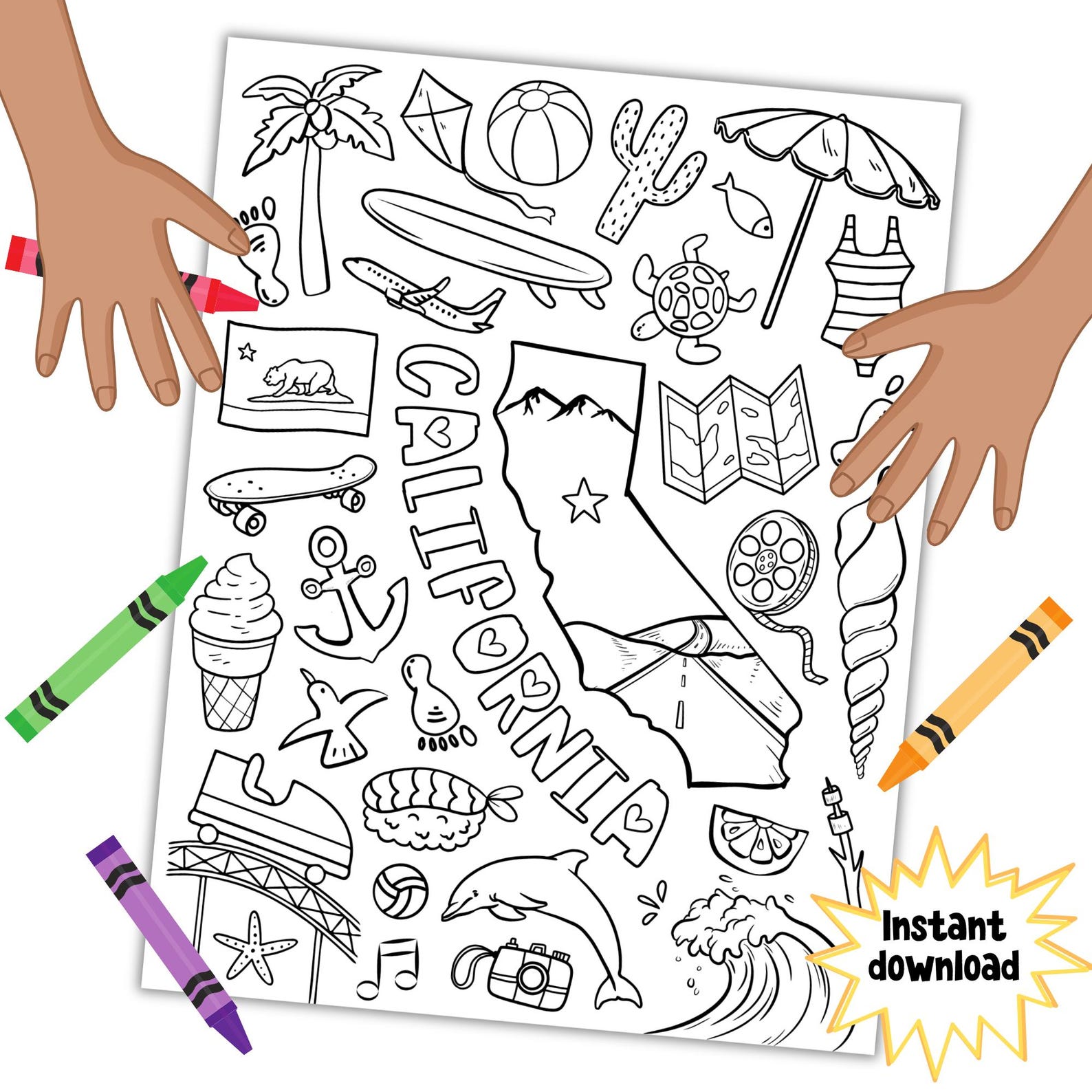 California Doodle Coloring Page Printable, Fun Summer Travel Activity ...