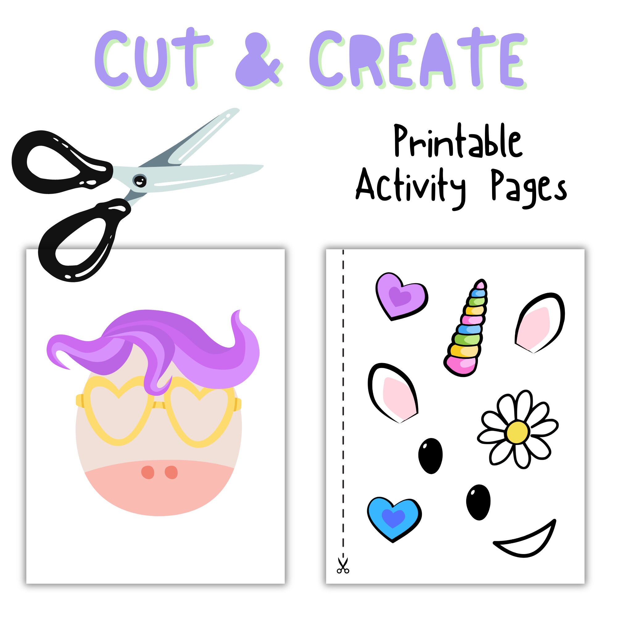 Unicorn Cut And Paste Activity, Printable Craft For Kids, Unicorn Face Assembly Worksheets