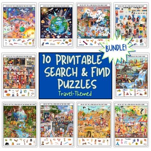 Könnte beinhalten: Ein Bundle von zehn druckbaren Such- und Findepuzzles mit Reisethema. Jedes Puzzle zeigt eine detaillierte, farbenfrohe Szene mit versteckten Objekten. Die Puzzles umfassen verschiedene Orte, wie Weltraum, Erde, Schneelandschaften und mehr. Der Text "BUNDLE!" ist sichtbar.