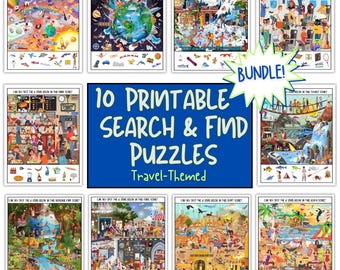 May include: A bundle of ten printable search and find puzzles with a travel theme. Each puzzle features a detailed, colorful scene with hidden objects. The puzzles include various locations, such as space, earth, snowy scenes, and more. The text "BUNDLE!" is visible.