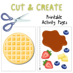 Peut inclure: Page d'activité imprimable avec une gaufre découpée, du sirop, des fraises et des myrtilles. La page indique "Cut & Create" et "Printable Activity Pages".