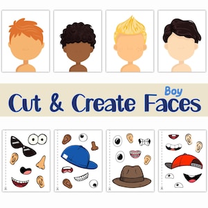 Puede incluir: Recorta y crea caras: Una actividad imprimible para niños con cuatro caras de niños diferentes con rasgos en blanco. La segunda fila muestra una variedad de rasgos faciales para recortar y pegar en las caras, incluidos ojos, narices, bocas, orejas, sombreros y gafas de sol.