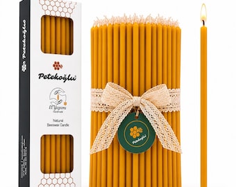 Petekoglu Natural Beeswax Candles 40 Pack Yellow Thin Taper Candles Handmade Ritual Meditation Birthday Cake Candles 20 cm