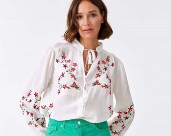 Floral Embroidered Blouse,Women's Clothing,Spring Blouse,Gift for her, Gift for him