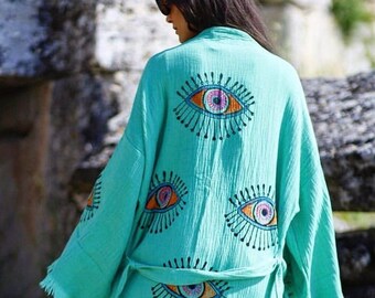 Veste kimono, robe de chambre kimono, kimono mauvais œil, kimono femme, tenue de plage, robe kimono, tissu kimono, maillots de bain, kimono en coton, cadeau pour elle