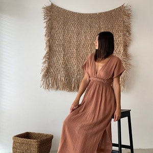 Long Summer Dress, Bridesmaid dress, Slit Summer Dress, Greek Goddess Dress, Helen Dress, Wedding Dress, Women's Clothing, Organic Cotton Mocha