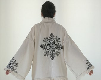 Dames houtprint technische lange kimono,% 100 natuurlijk, meisjescadeau, unisex kimono, strandkleding, veganistisch, boho