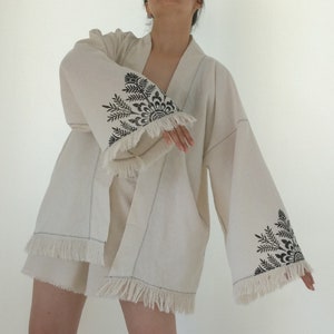 Women's Wood Print Technical Long Kimono,%100 Natural,Girl Gift,Unisex Kimono,Beachwear,Vegan,Boho image 4