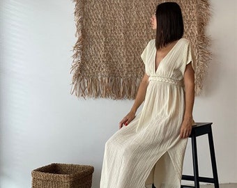 Long Summer Dress, Bridesmaid dress, Slit Summer Dress, Greek Goddess Dress, Helen Dress, Wedding Dress, Women's Clothing, Organic Cotton