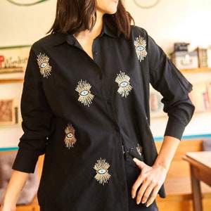 Chemise mauvais œil, chemises pour femmes, chemise décontractée, chemisier à paillettes, sequin mauvais œil, chemisier pour femme, chemise en coton, hauts pour femmes image 2