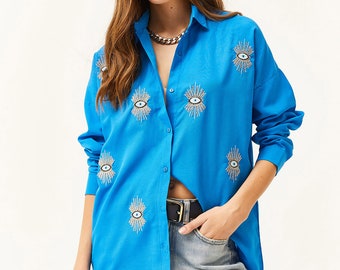 Evil eye Shirt, Shirts for women, Casual Shirt, Sequin blouse, evil eye sequin, blouse for women, Cotton shirt, women tops