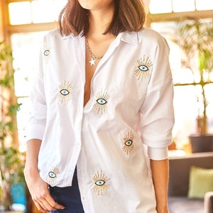 Evil eye Shirt, Shirts for women, Casual Shirt, Sequin blouse, evil eye sequin, blouse for women, Cotton shirt, women tops White