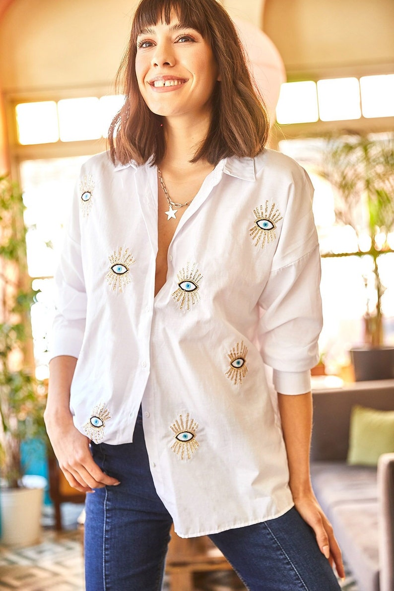 Evil eye Shirt, Shirts for women, Casual Shirt, Sequin blouse, evil eye sequin, blouse for women, Cotton shirt, women tops White