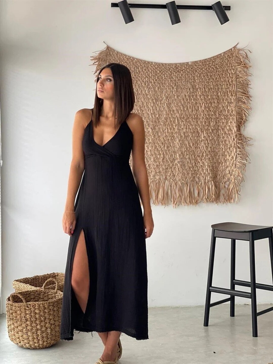 Long Summer Dress, Bridesmaid Dress, Slit Summer Dress, Deep V Neck