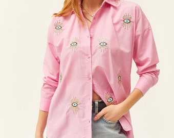 Boze oog shirt, shirts voor vrouwen, casual shirt, pailletten blouse, boze oog pailletten, blouse voor vrouwen, katoenen shirt, vrouwen tops